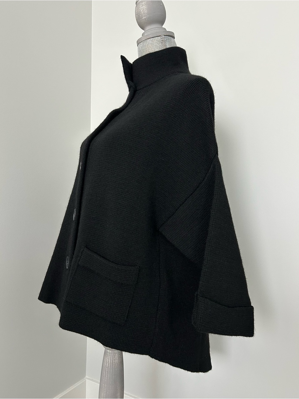 Cocogio Size S High Collar Button Front Wool Blend Cardigan Black Made in Italy